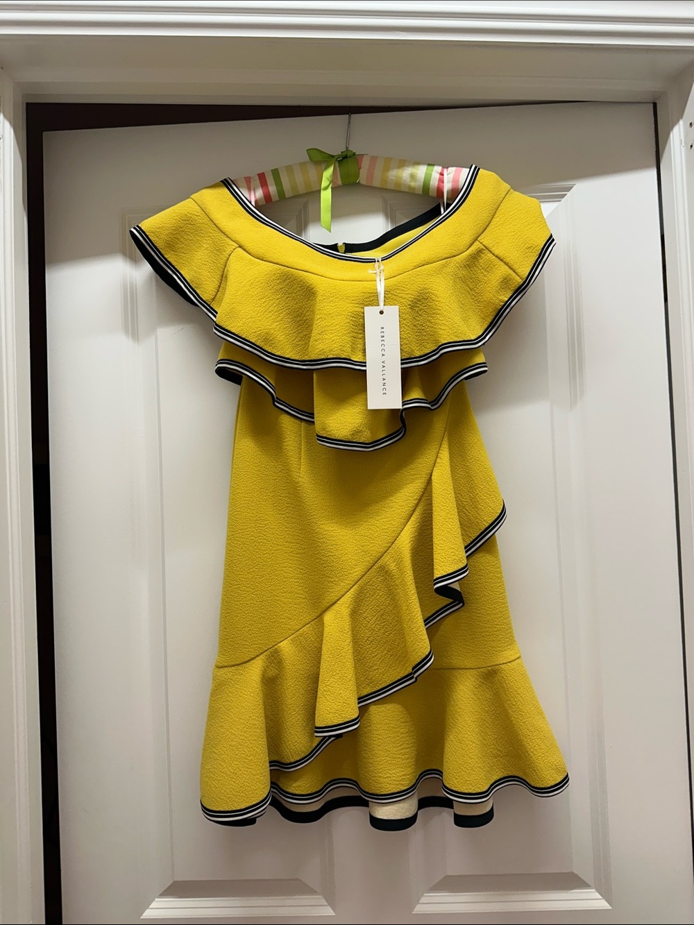 Rebecca Vallance NWT Yellow Off-Shoulder Ruffle Dress with Black Trim
